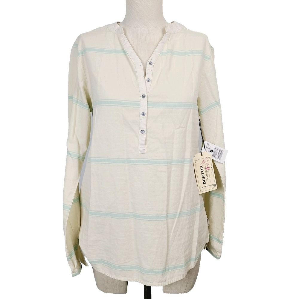 NEW Burton Woven Shirt‎ Canvas Napkin Stripe Cream Blue Long Sleeve Women's M